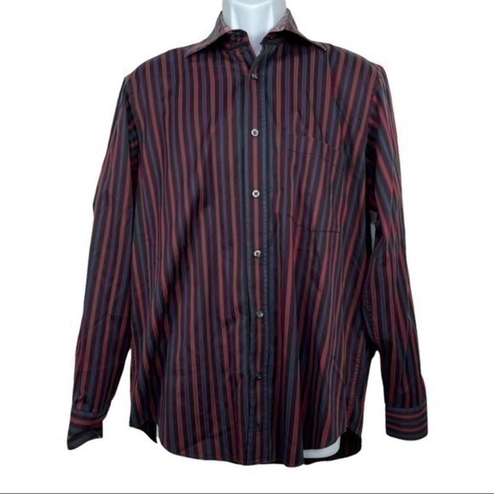 Bugatchi Vomo Men Casual Shirt Red Striped Sz M